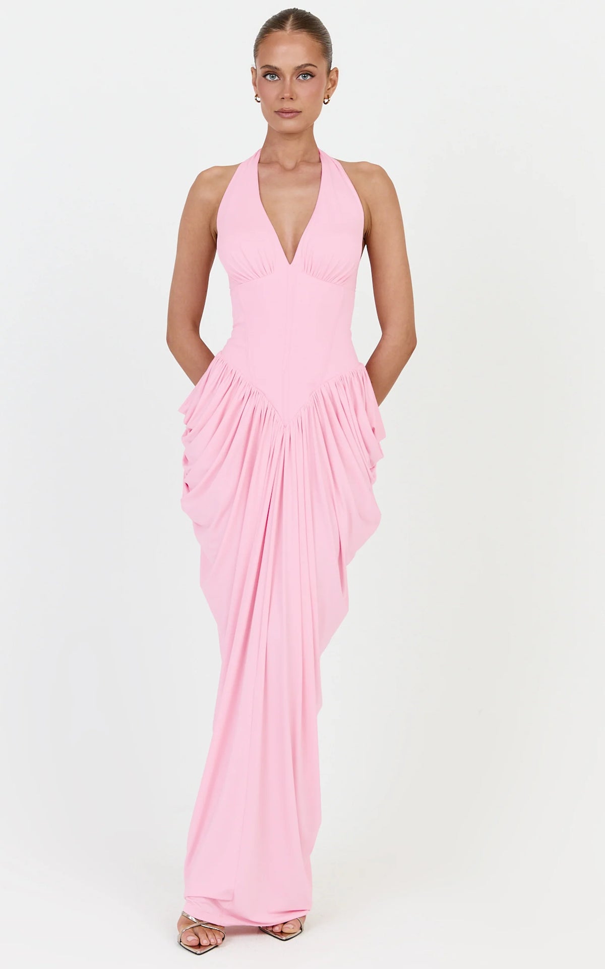 Margaux Maxi Dress - Halter Neck Corset Bodice Draped Dress in Pink