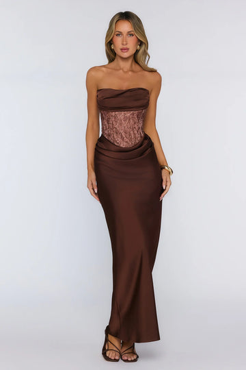 Wave Of Love Strapless Lace Satin Maxi Dress Chocolate