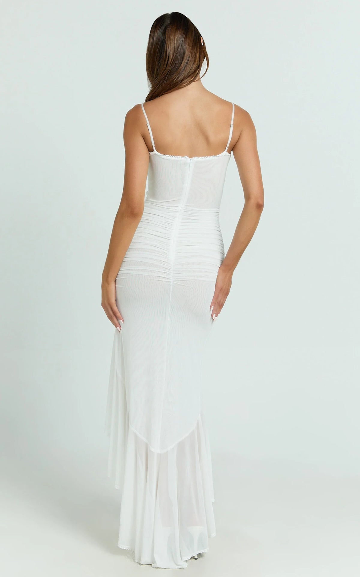 Brionna Maxi Dress - Lace Neck Ruched Ruffle Hem Dress in White