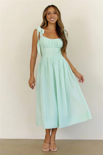 Sweetest Escape Ruched Tie Shoulder Midi Dress Mint