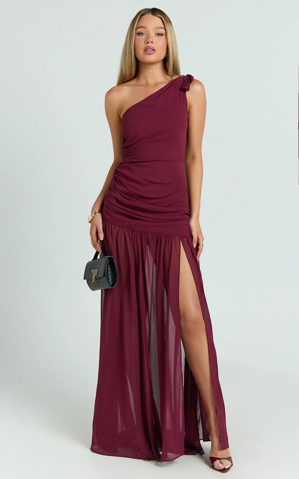 Behati Maxi Dress - One Shoulder Cut Out Fit And Flare Dress in Wine
