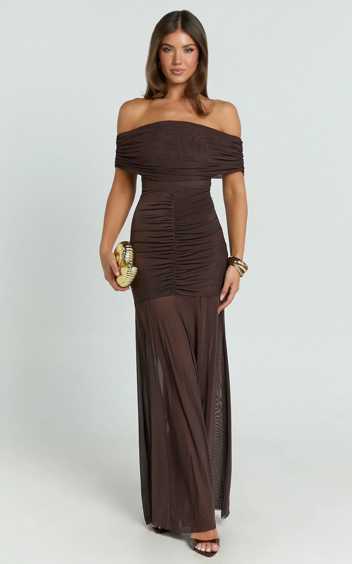 Alanna Maxi Dress - Off Shoulder Ruched Mesh Dress in Chocolate