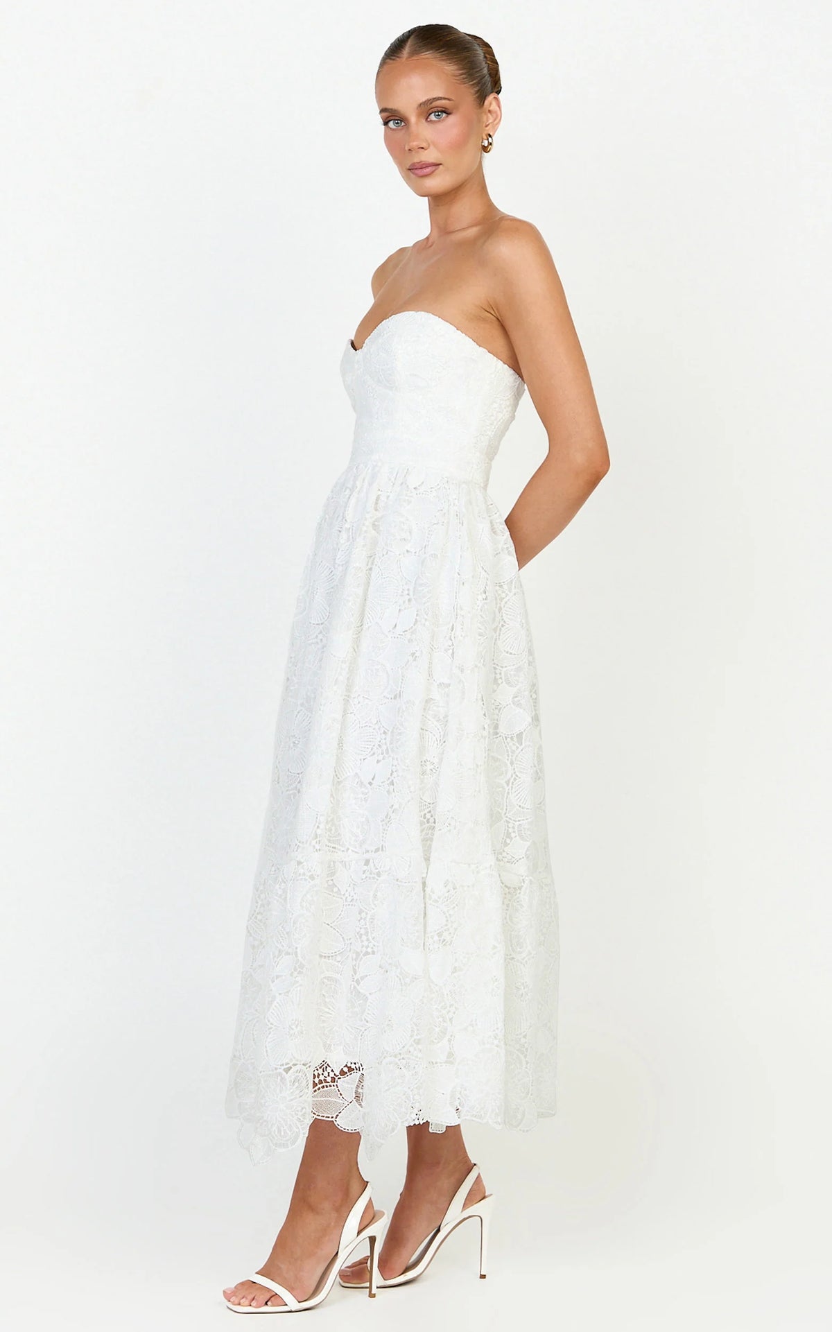 Gabriela Midi Dress - Strapless Lace Dress in White