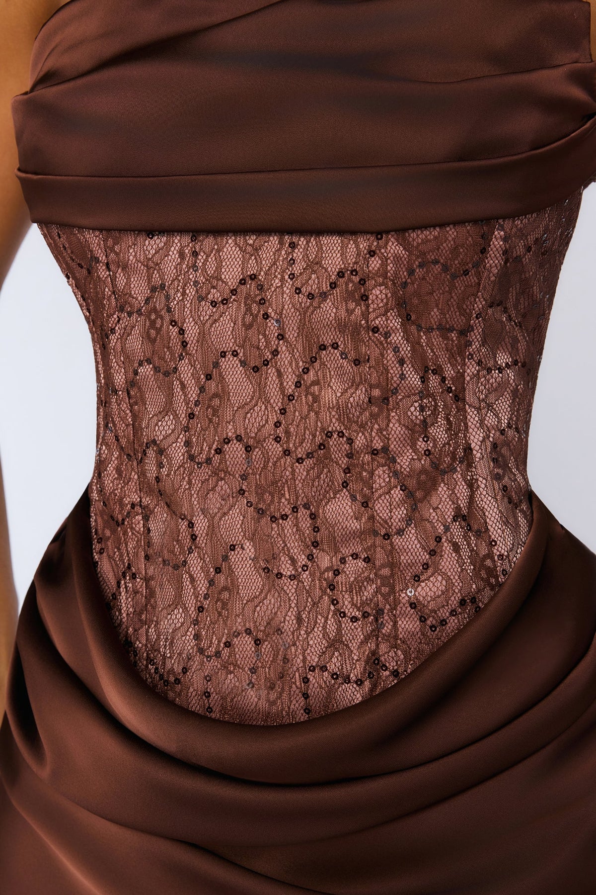 Wave Of Love Strapless Lace Satin Maxi Dress Chocolate