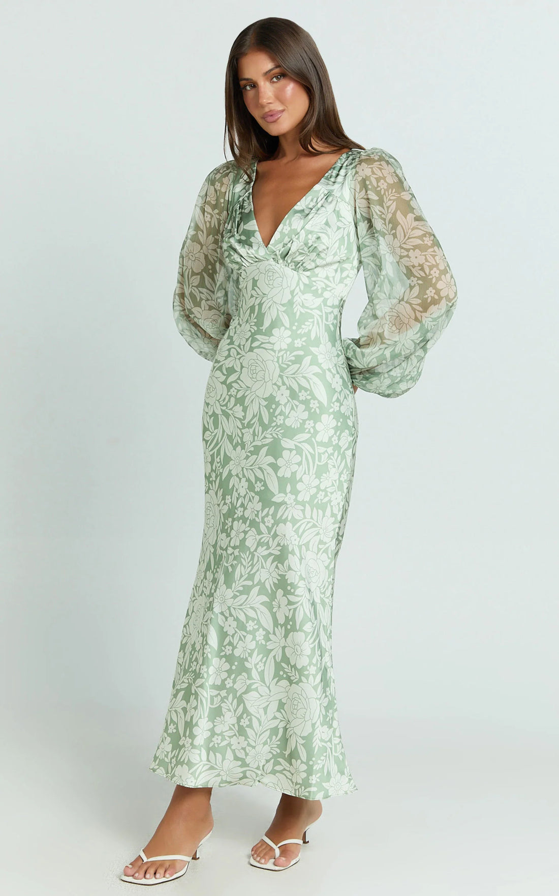 Freollyn Midi Dress - Deep V Neck Long Sleeve Dress in Sage