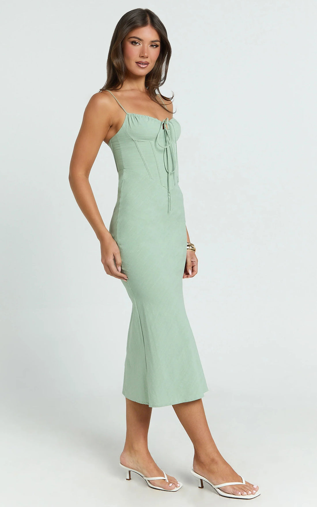 Mikayla Midi Dress - Linen Scoop Neck Ruched Bust Corset Waist Bias Skirt Dress in Sage