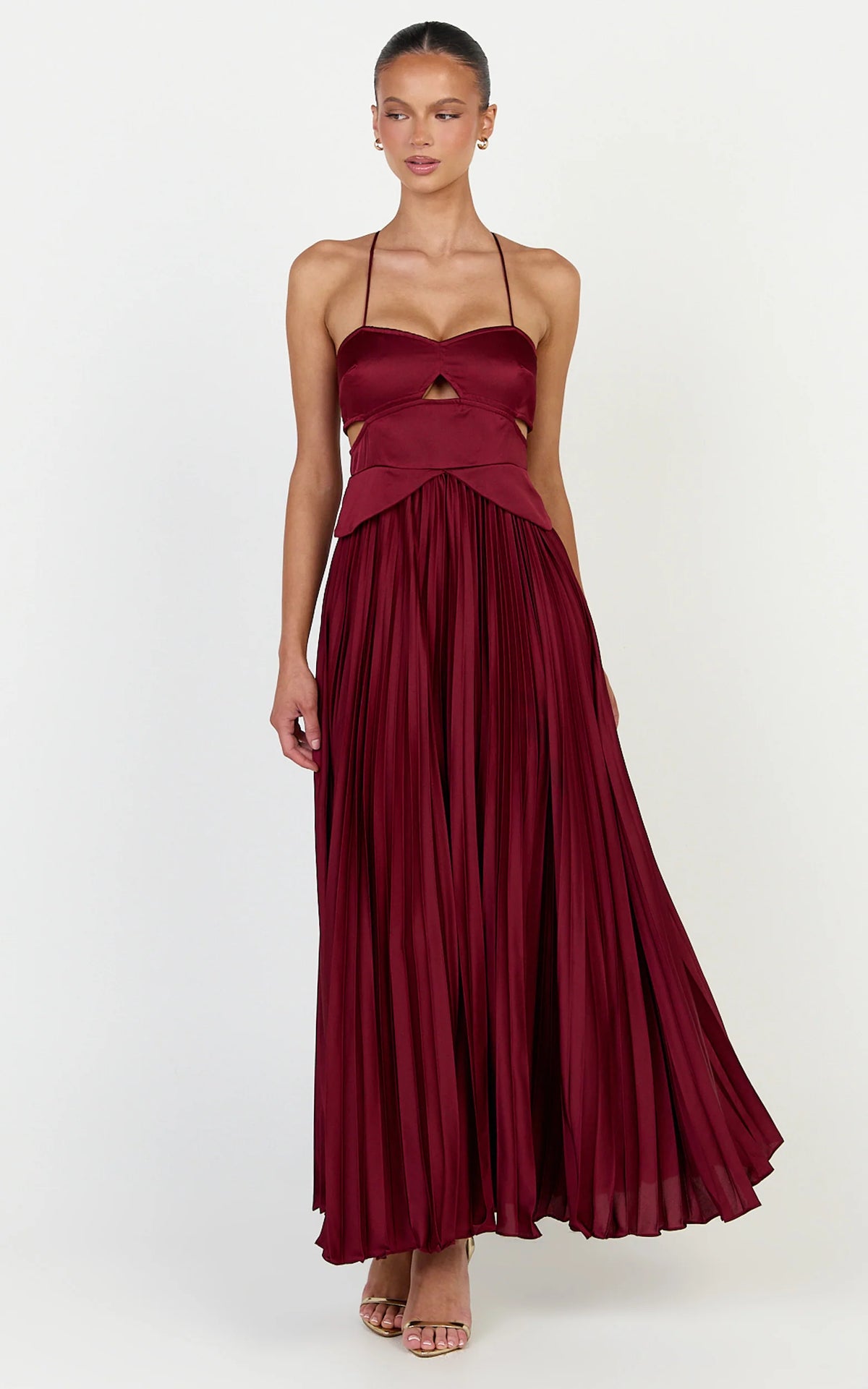 Shay Maxi Dress - Sweetheart Cut Out Pleated Dress in Wine