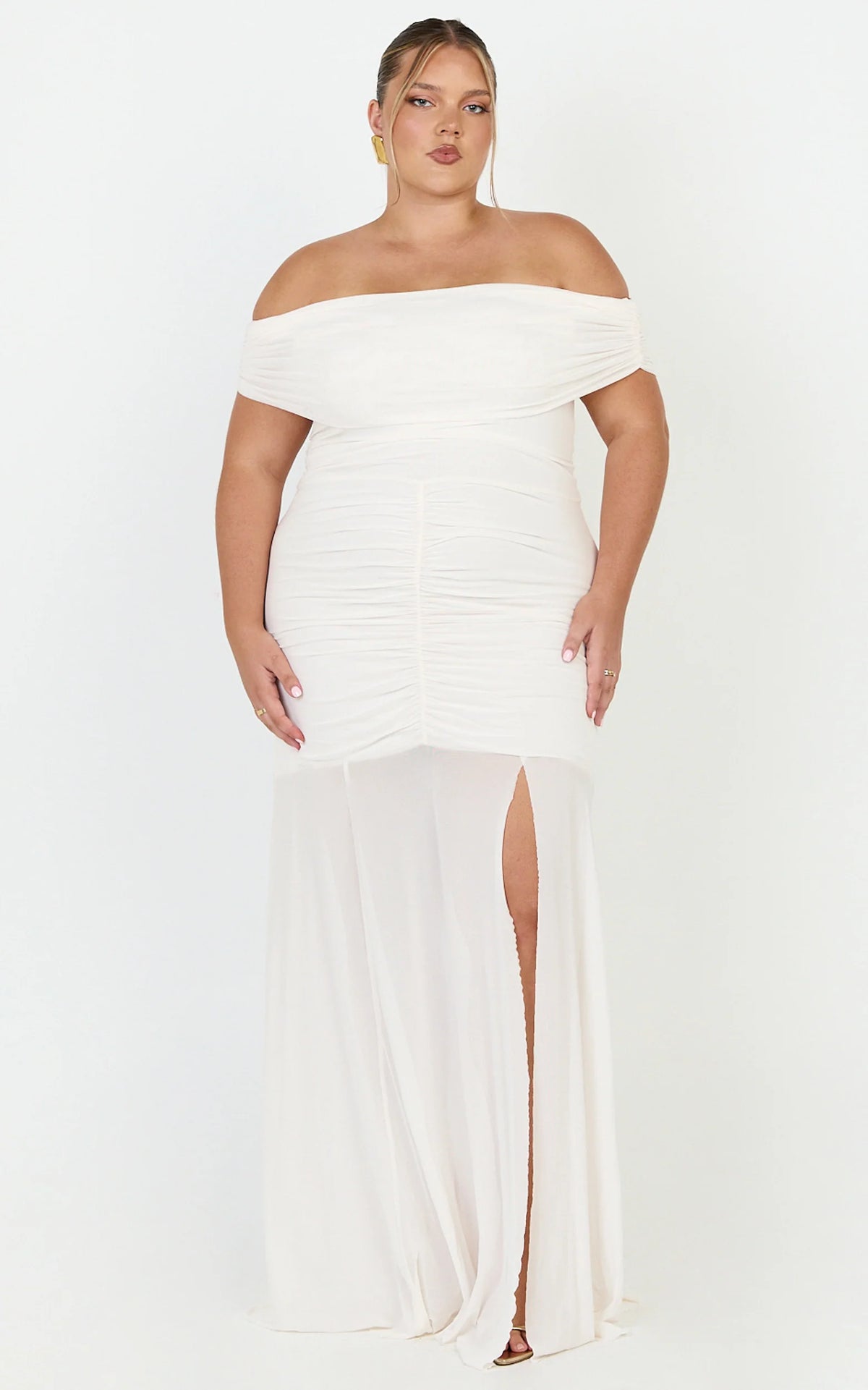 Alanna Maxi Dress - Off Shoulder Ruched Mesh Dress in Cream