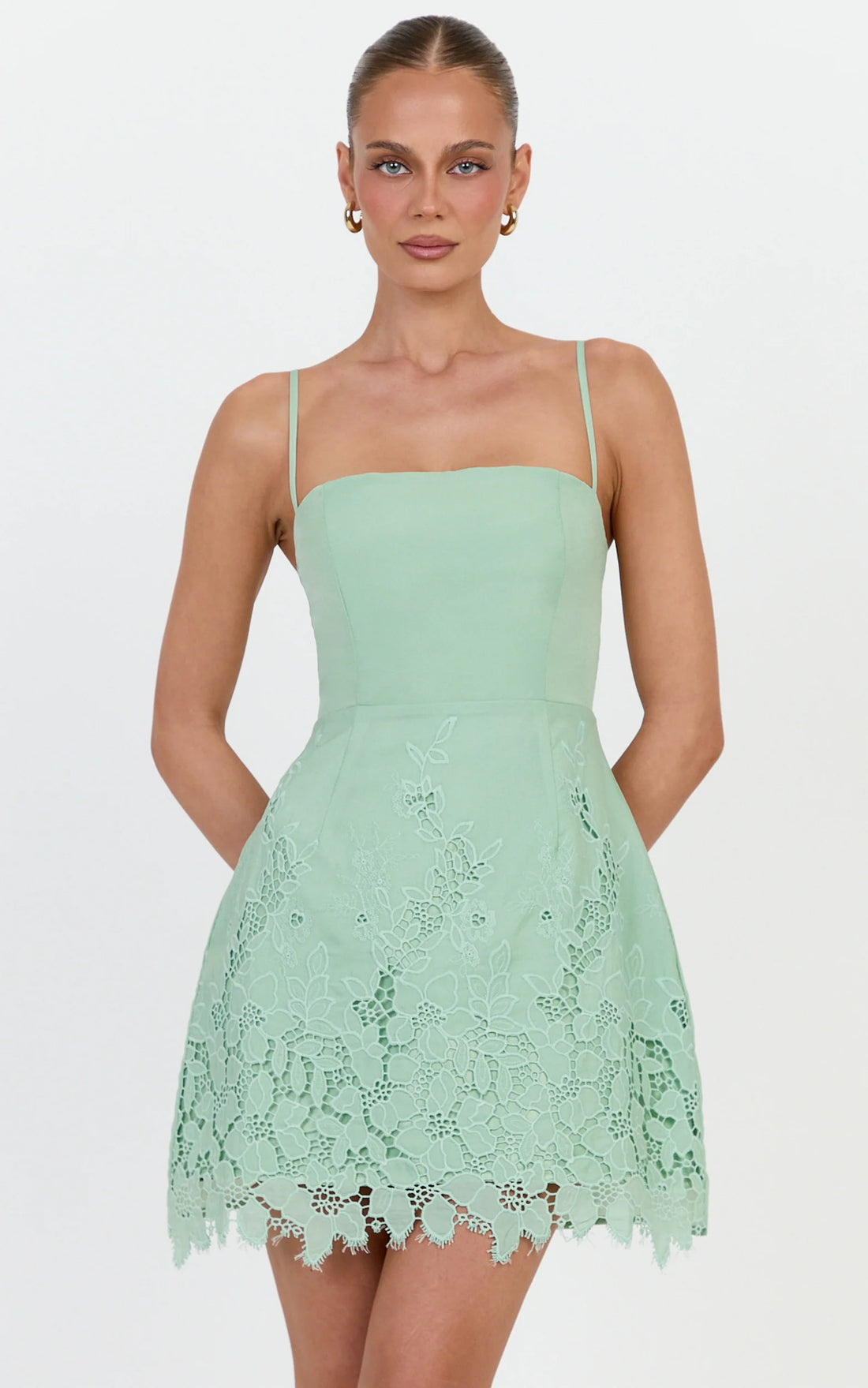 Maisie Mini Dress - Strapless Broderie Cut Out Border Hem Dress in Sage