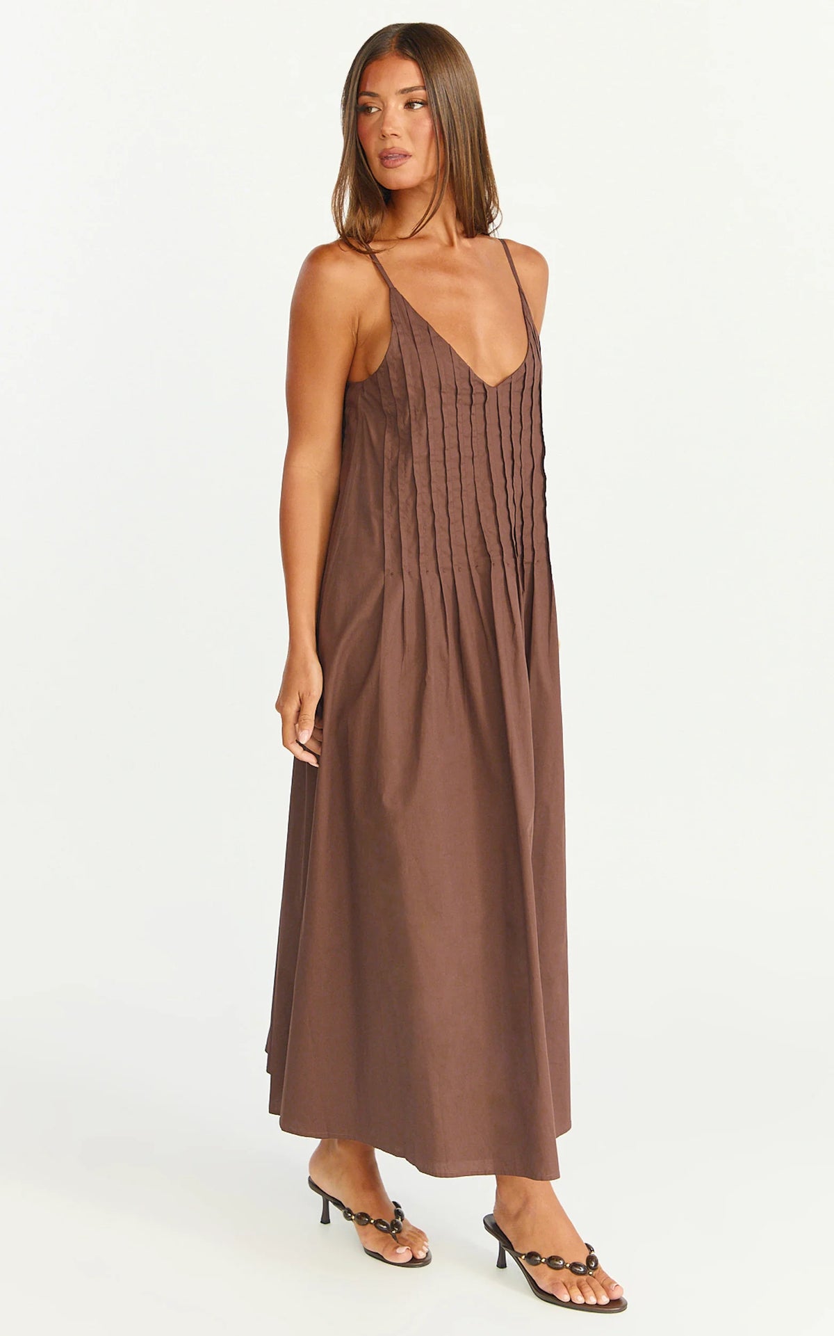Estelle Maxi Dress - V Neck Pleated Dress in Chocolate
