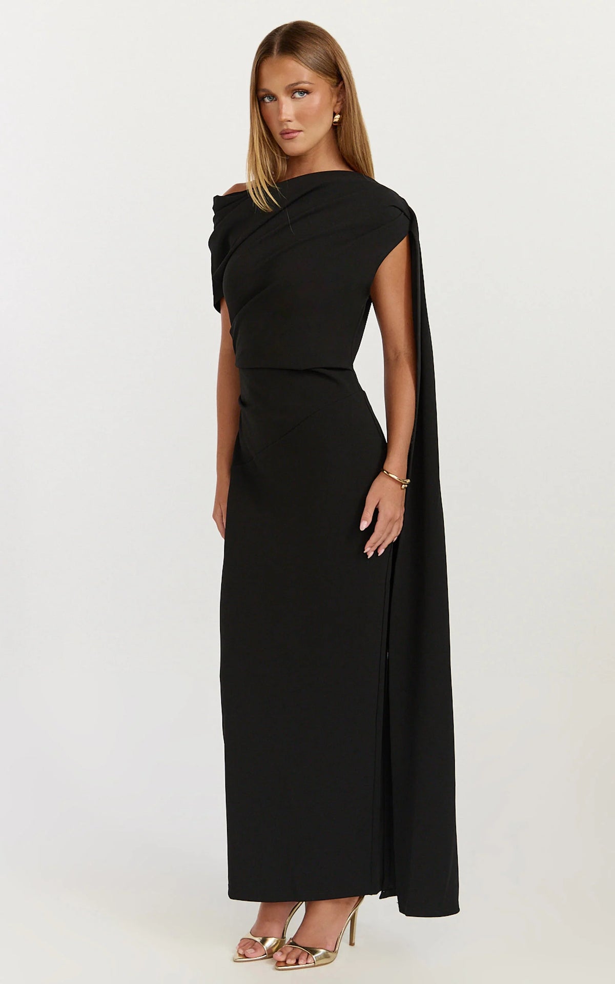 Visenta Midi Dress - Asymmetrical Sleeve Dress in Black