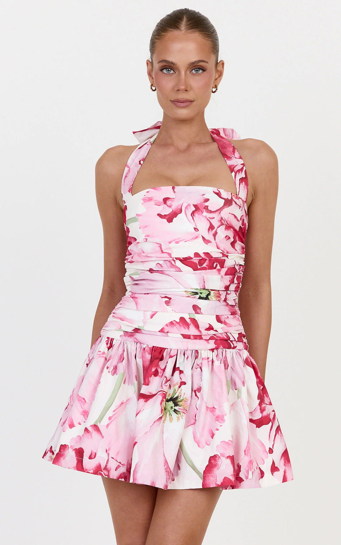 Isadora Mini Dress - Halter Neck Ruched Front Dress in Poppy On White Print