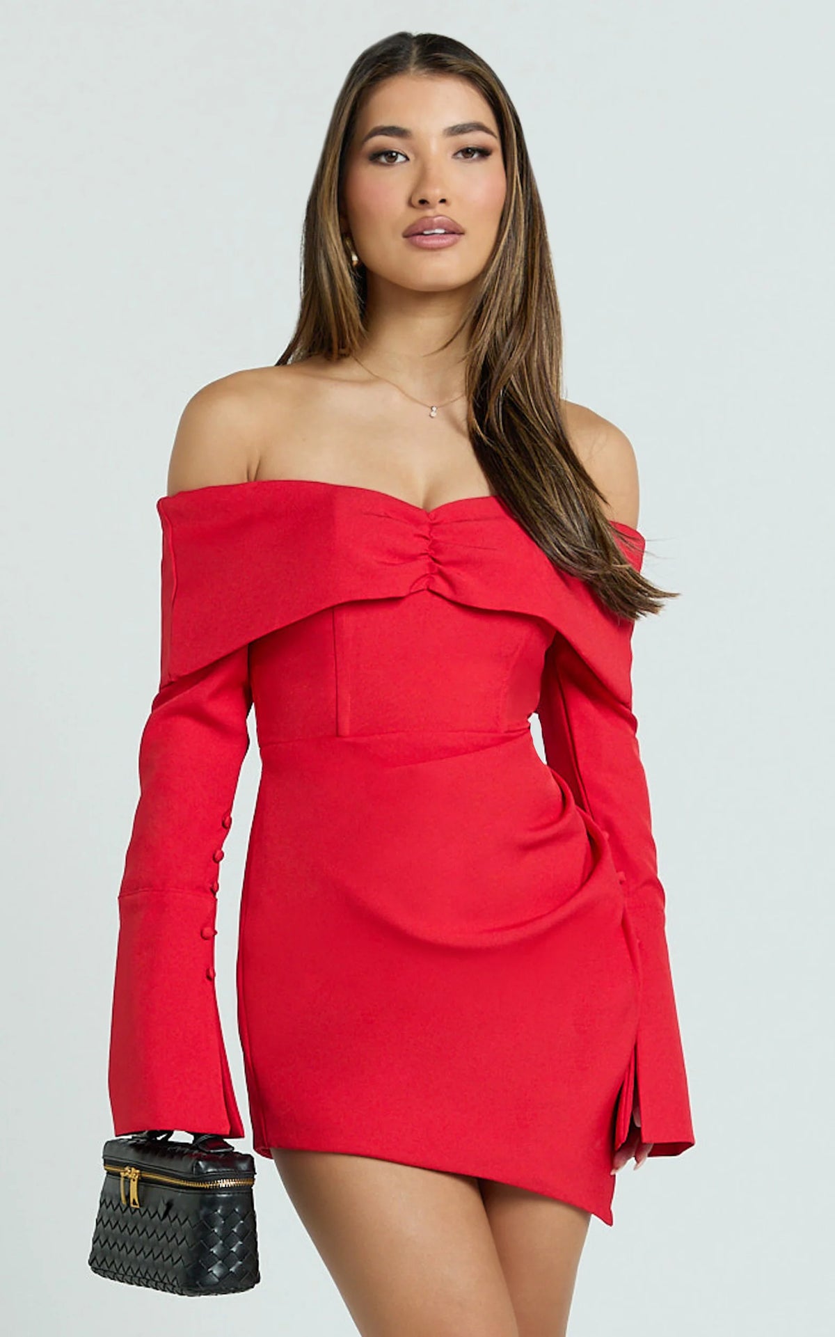 Cyrus Mini Dress - Off Shoulder Long Sleeve Fit And Flare Dress in Cherry
