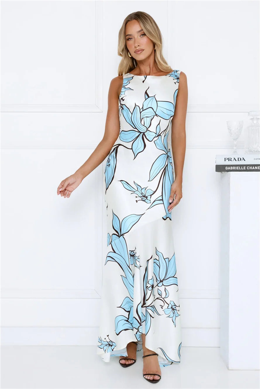 Beauty Untold Satin Maxi Dress Blue