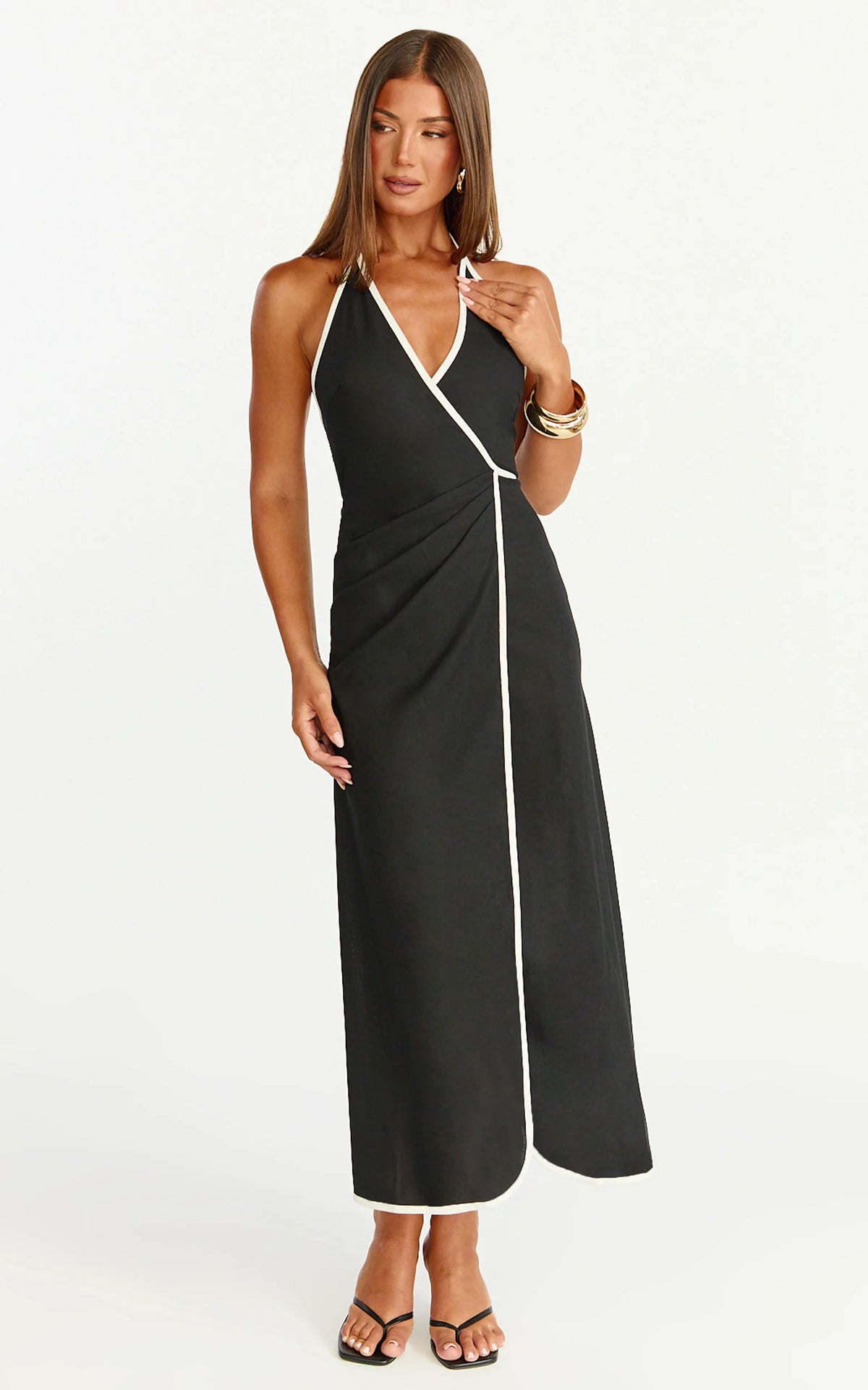 Aurora Midi Dress - Halter Neck Leg Split Wrap Dress in Black