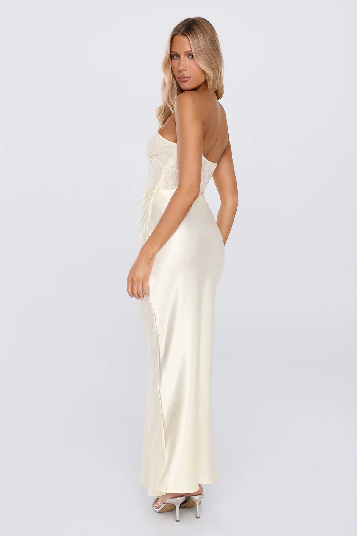 Only Lover Satin Lace Strapless Maxi Dress Yellow