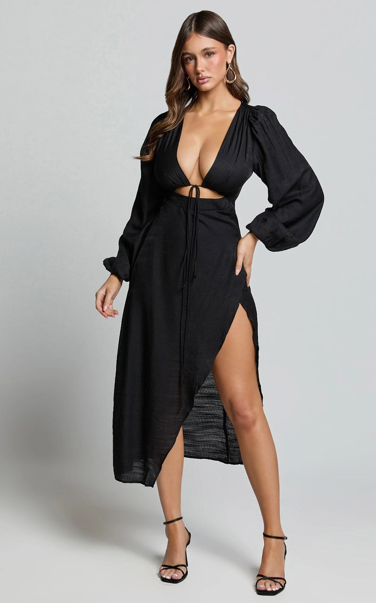 Demieh Midi Dress - Front Cut Out Long Sleeve Dress in Black