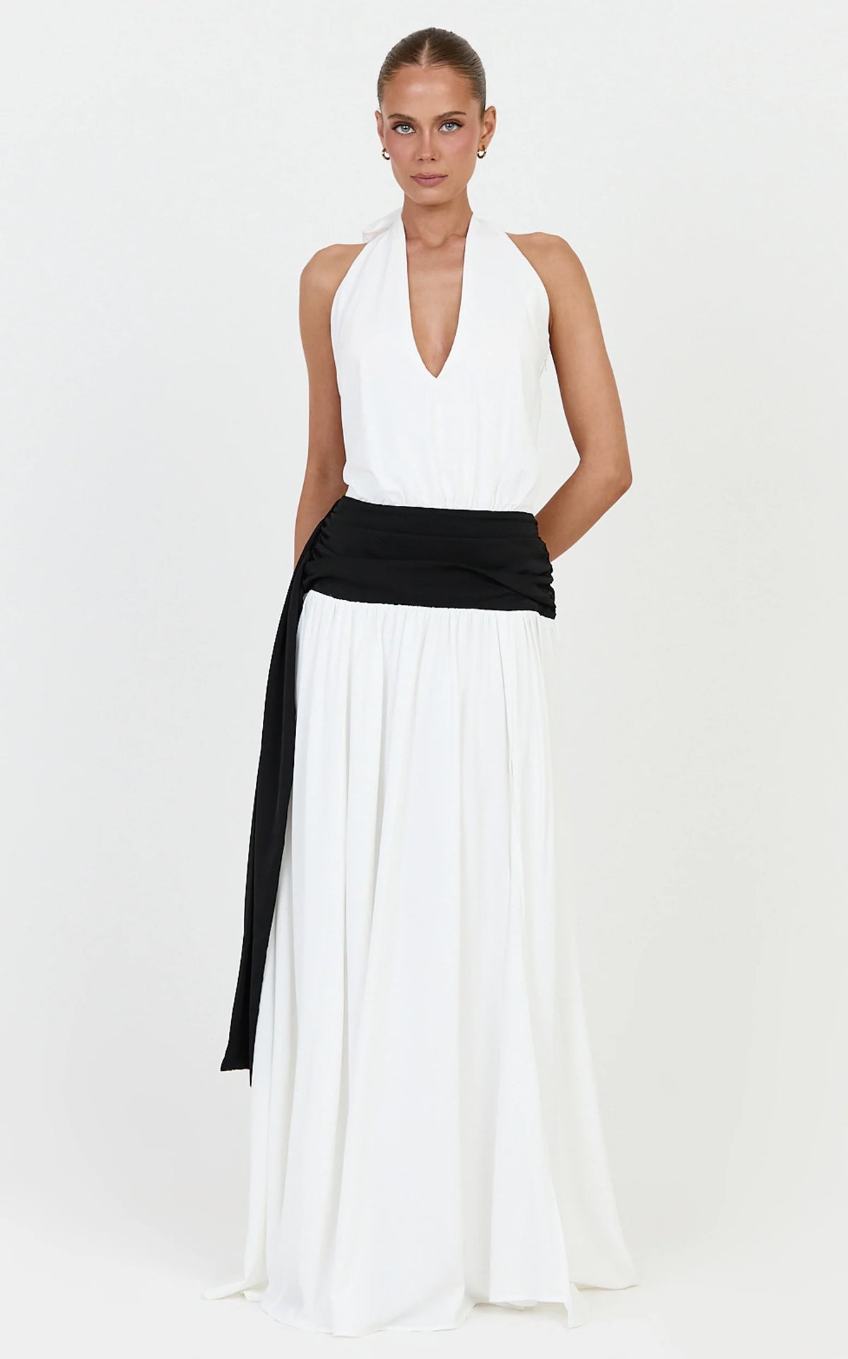 Erin Maxi Dress - Plunge Halter Neck Draped Dropped Waist Sash Dress in Cream
