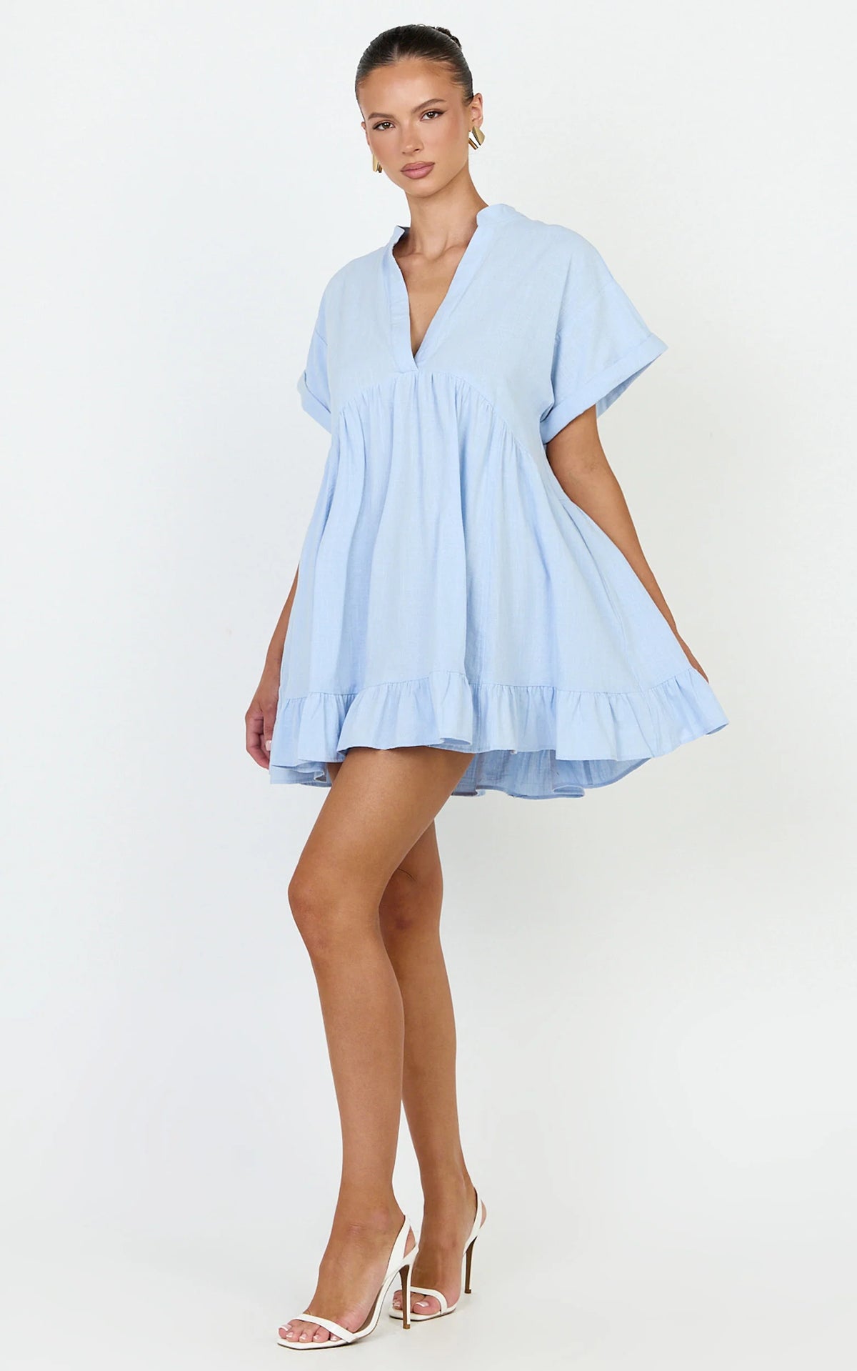 Calissa Mini Dress - Frill Hem Smock Dress in Light Blue