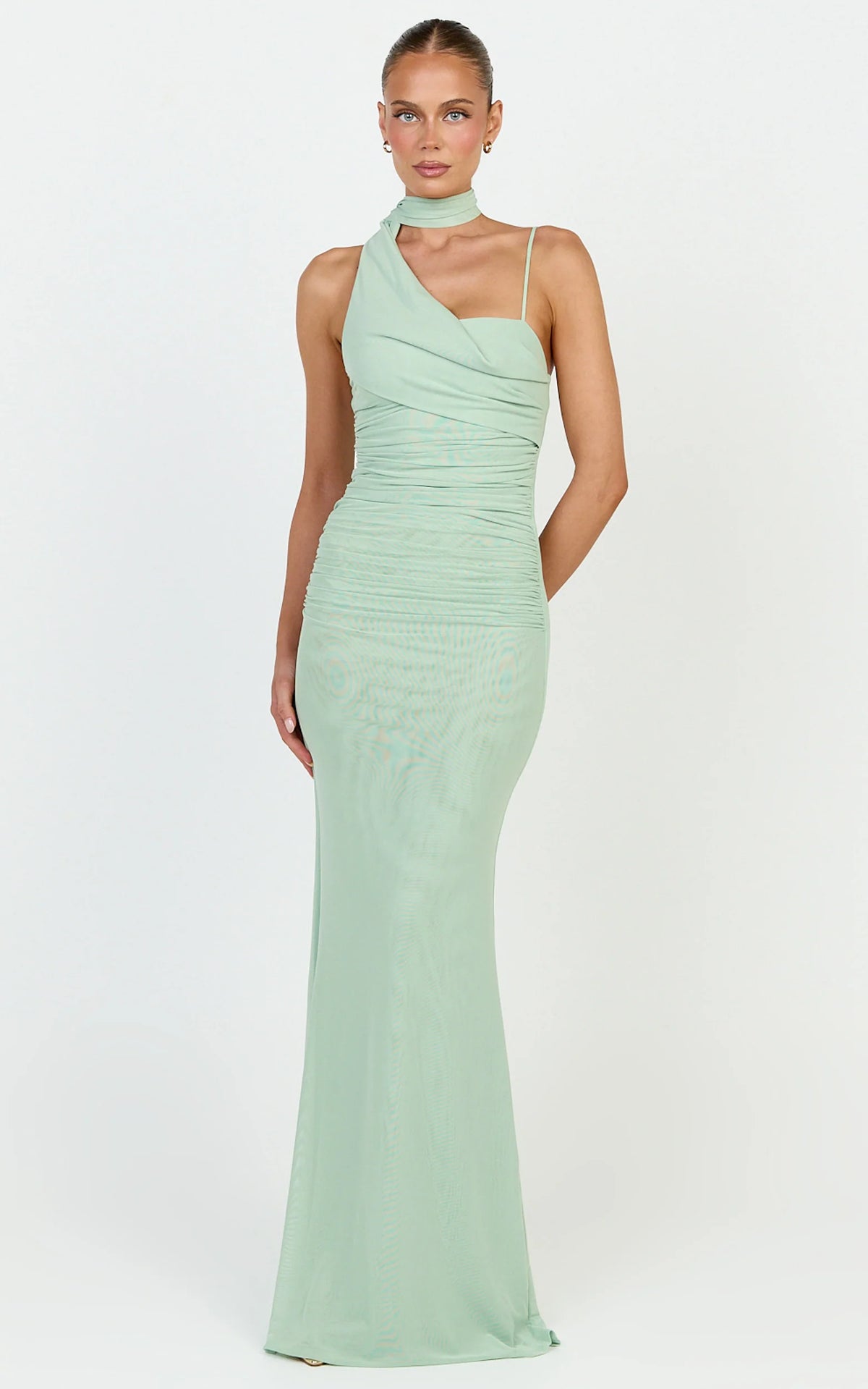 Larson Maxi Dress - Asymmetric Tie Neck Column Dress in Sage