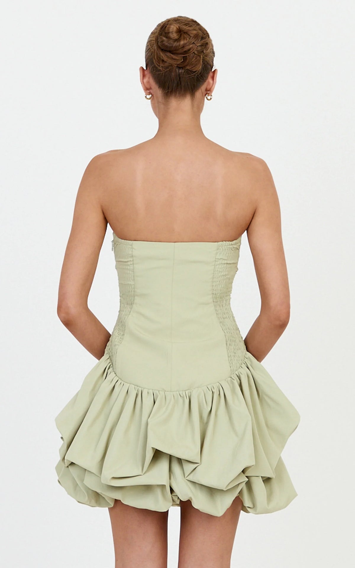 Esme Mini Dress - Strapless Gathered Bodice Bubble Hem Dropped Wasit Dress in Pistachio