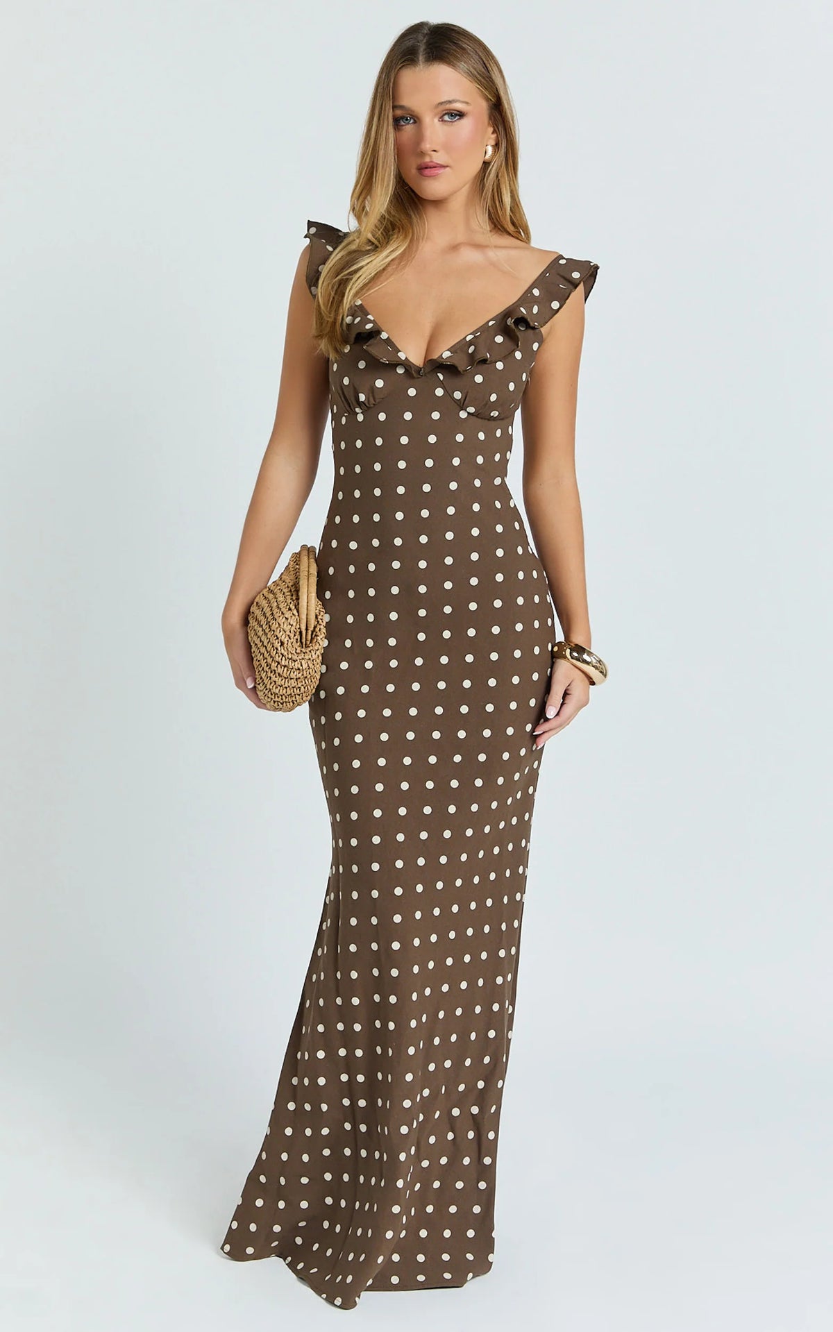 Isla Maxi Dress - Ruffle Sleeve Polka Dot Dress in Chocolate Polka Dot