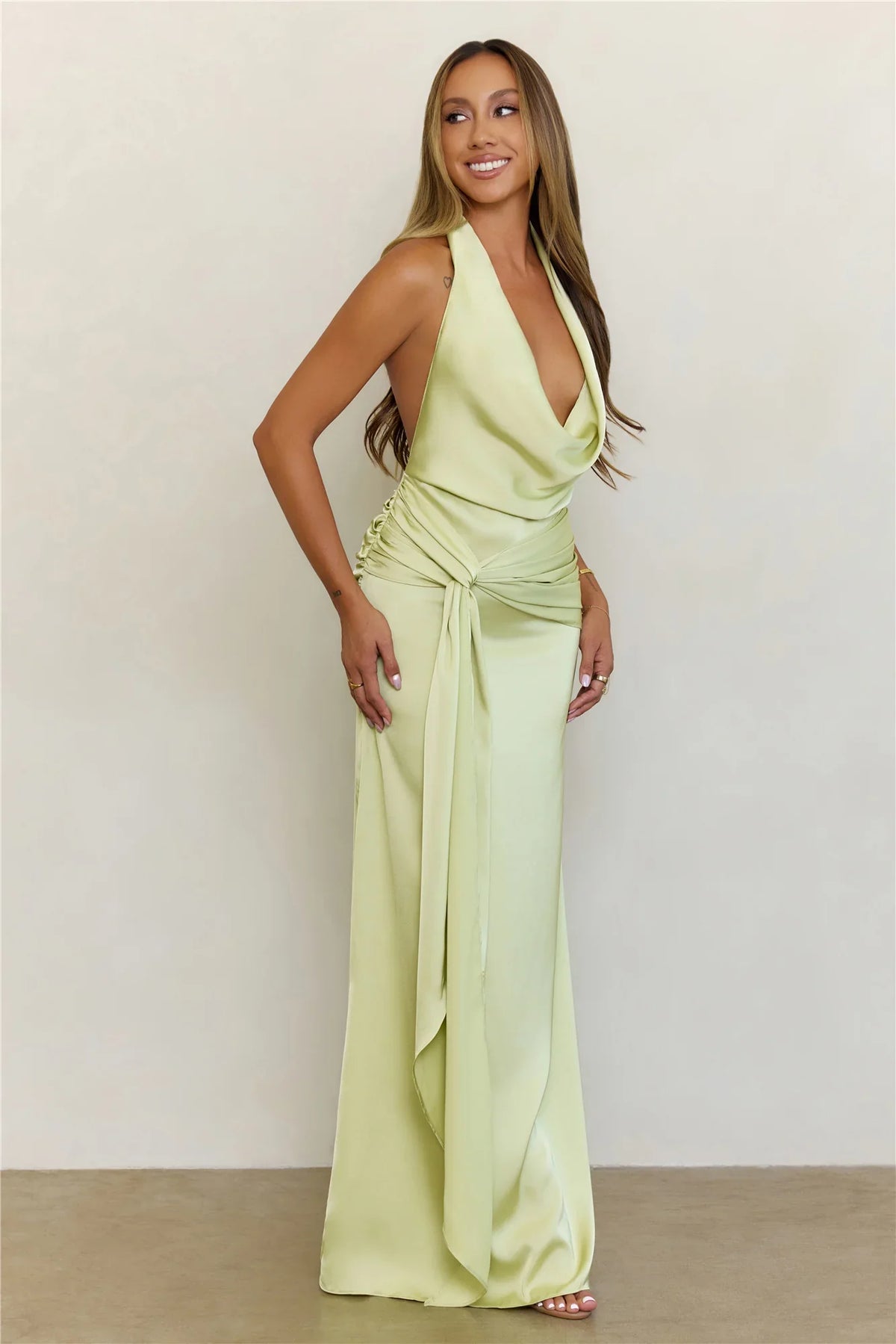 In Elegance Satin Halter Maxi Dress Lime