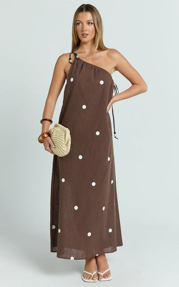Gia Midi Dress - One Shoulder Dress in Chocolate Polka Dot