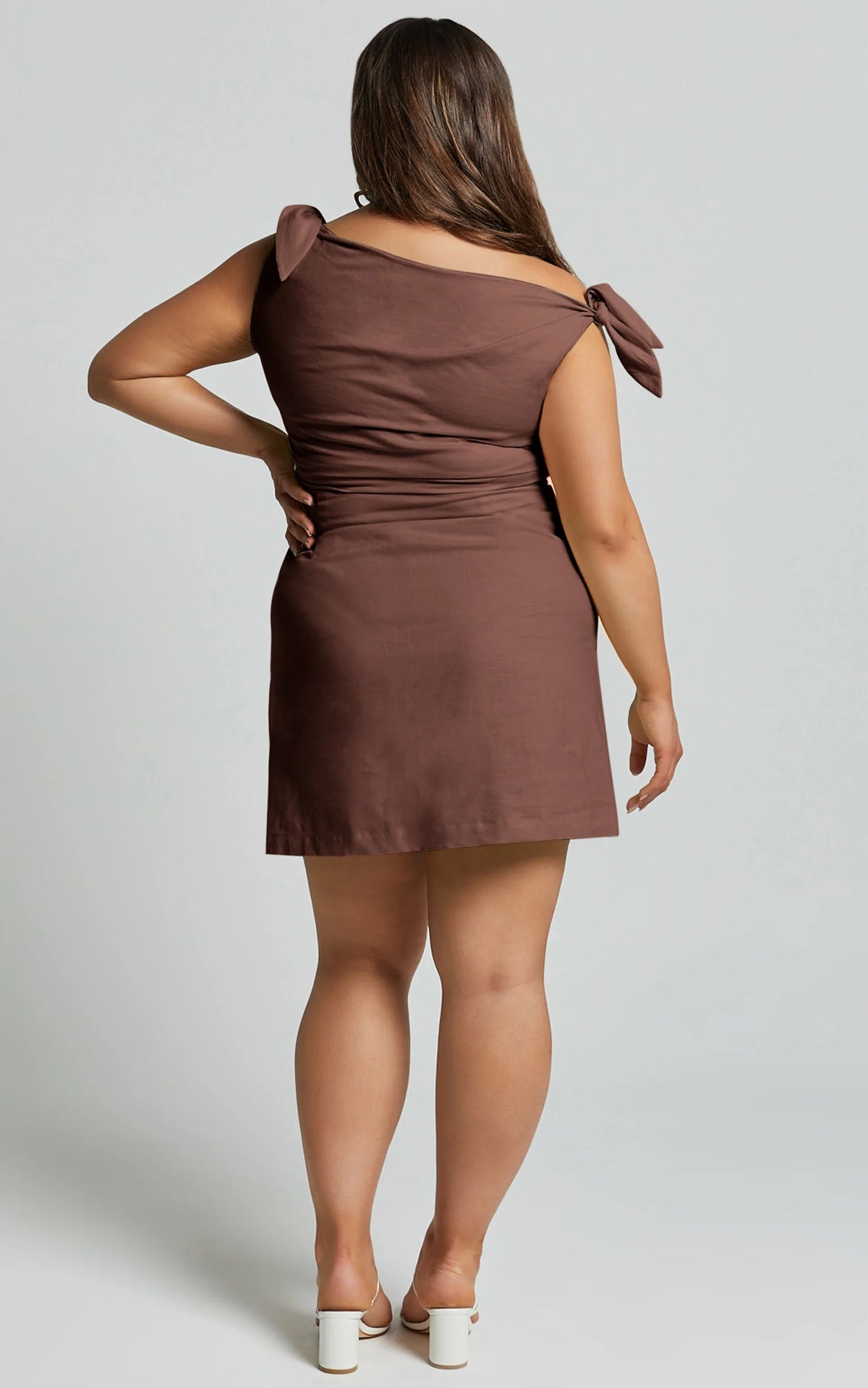 Jeofina Mini Dress - Off The Shoulder Linen Look Dress in Chocolate