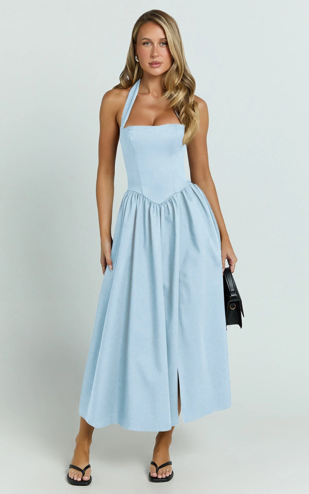 Helda Midi Dress - Halter Tie Neck Corset Panel Dress in Soft Blue