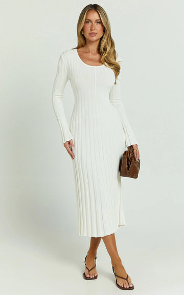 Blaire Midi Dress - Long Sleeve Tie Back Flare Dress in Ivory