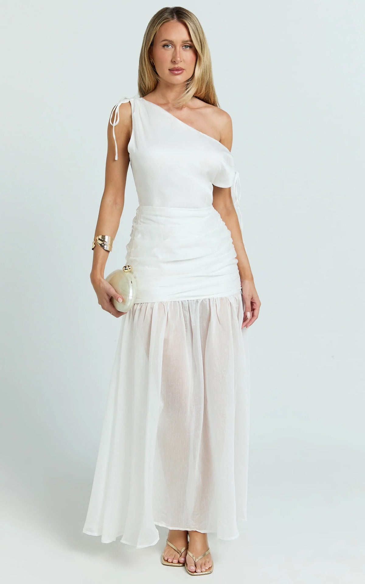 Mackenzie Midi Dress - Tipped Shoulder Drop Waist Full Gathered Skirt Dress in White