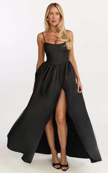 Louisa Maxi Dress - Boned Bodice Lace Up Back Dress in Black