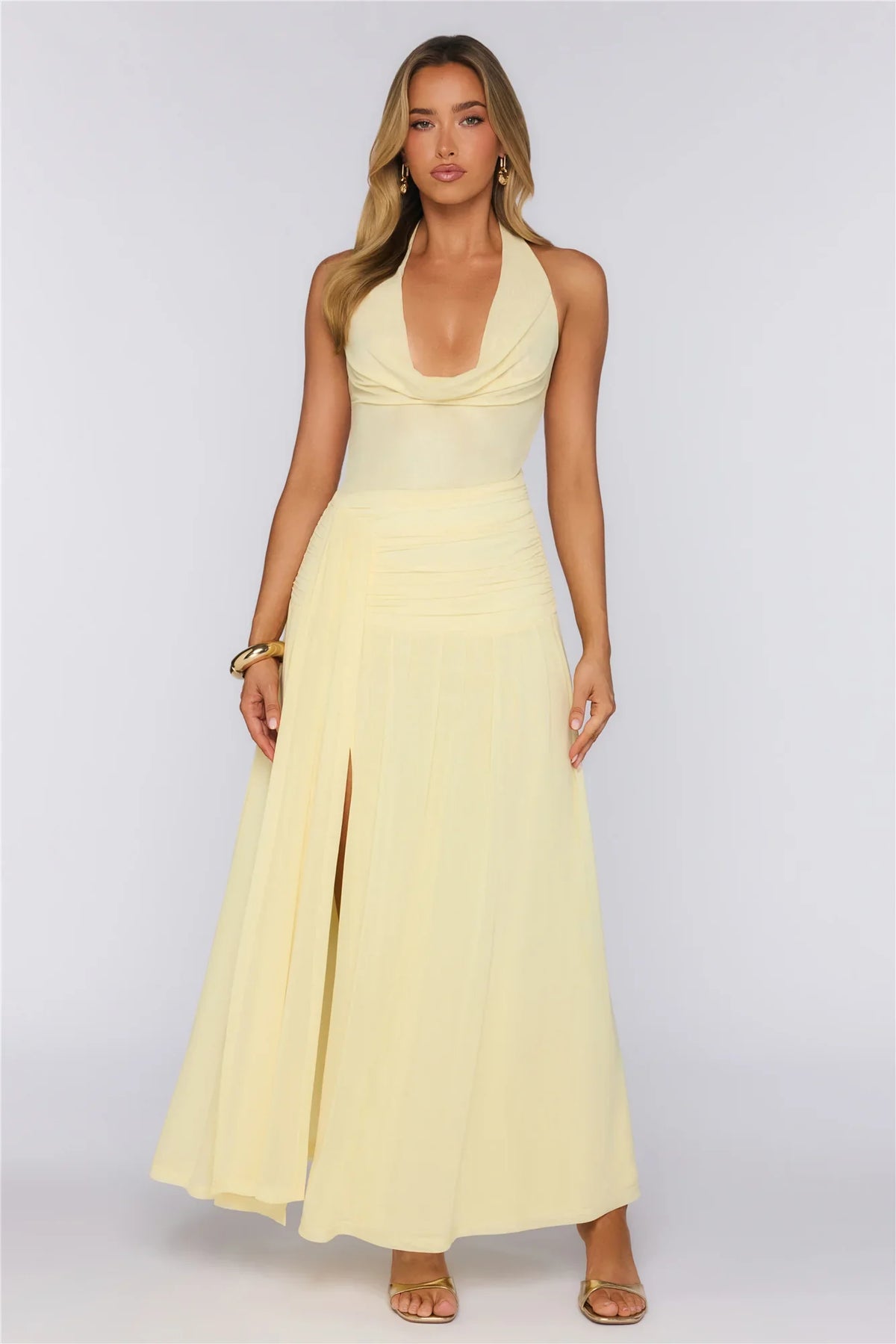 Say Less Energy Halter Mesh Maxi Dress Yellow