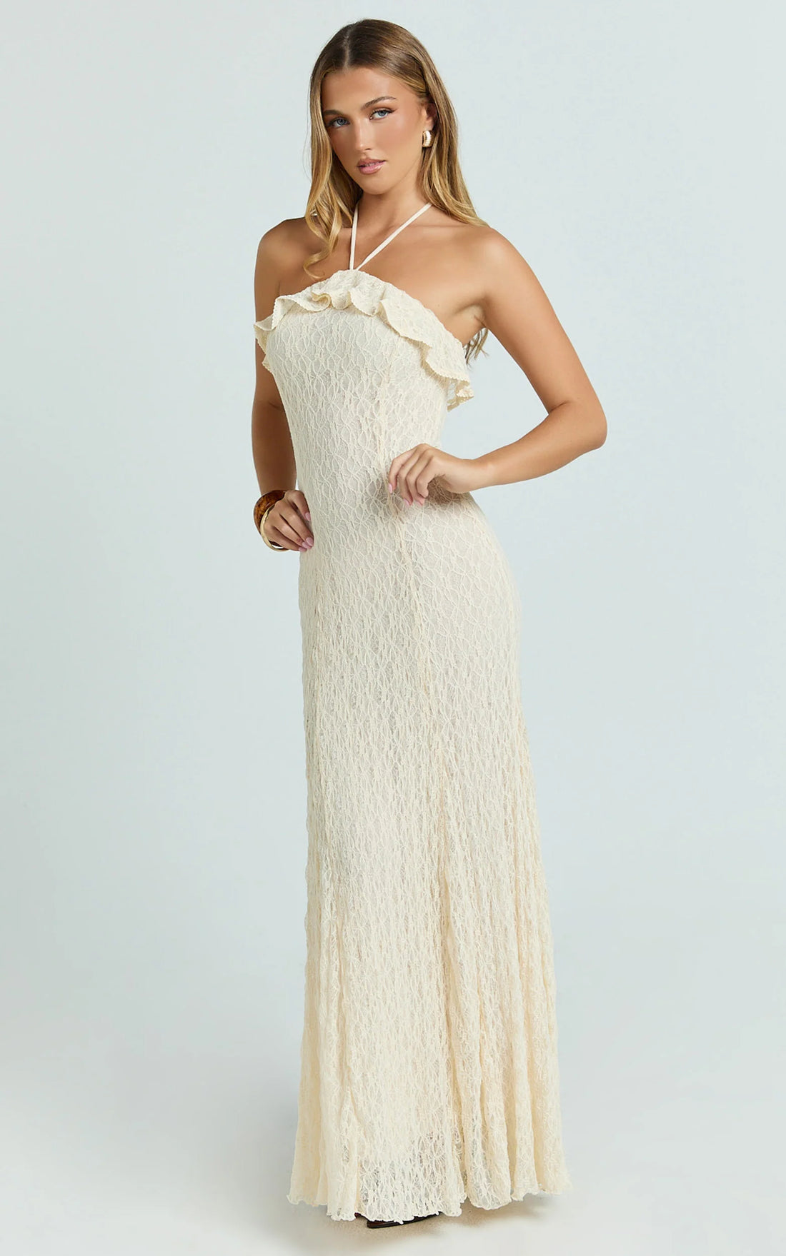 Rhea Maxi Dress - Lace Ruffle Halter A Line Godet Dress in Cream
