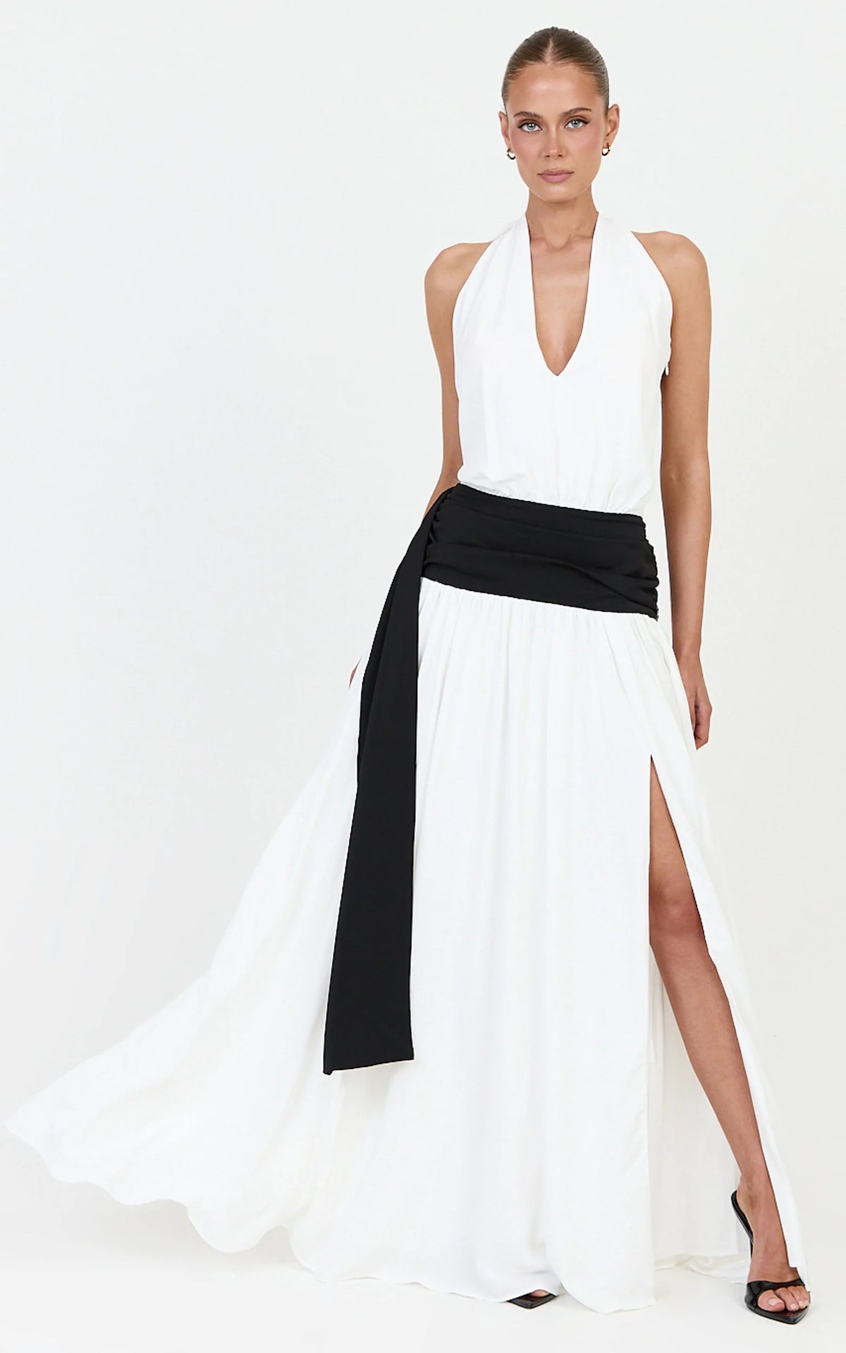 Erin Maxi Dress - Plunge Halter Neck Draped Dropped Waist Sash Dress in Cream