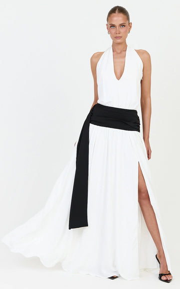 Erin Maxi Dress - Plunge Halter Neck Draped Dropped Waist Sash Dress in Cream