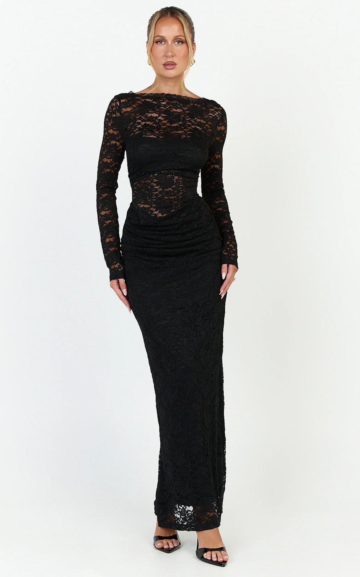 Skye Maxi Dress - Lace Long Sleeve Draped Waist Dress in Black