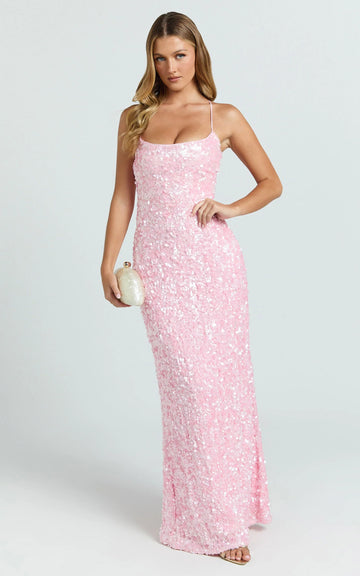 Clara Maxi Dress - Scoop Neck Tie Back Fitted Sequin Dress in Pink