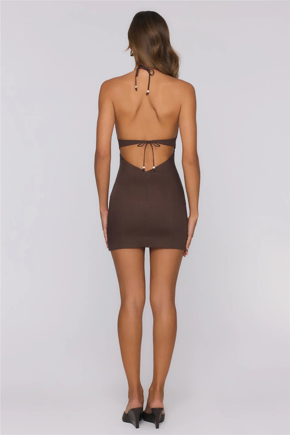 Wardrobe Priority Halter Linen Blend Mini Dress Chocolate