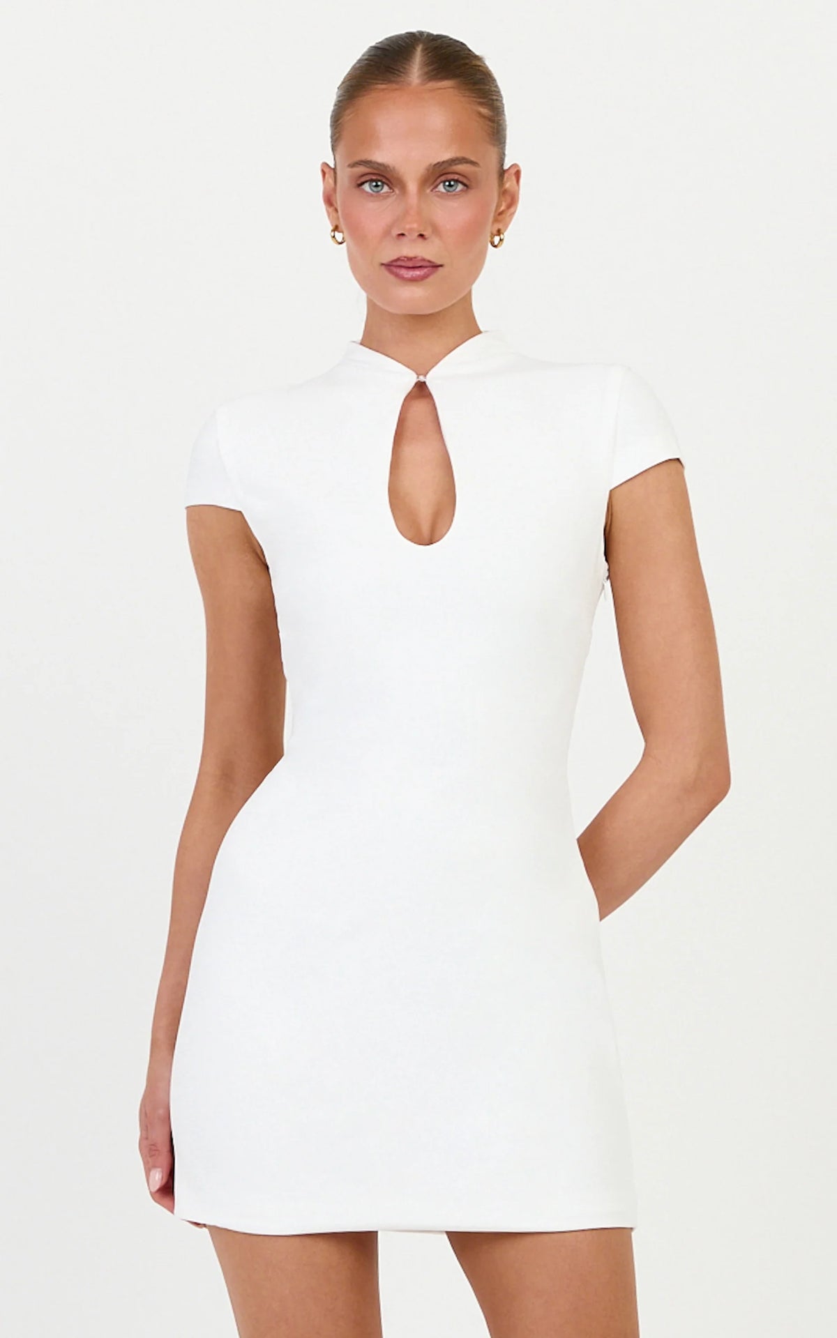 Briony Mini Dress - High Neck Front Key Hole Fitted Dress in White