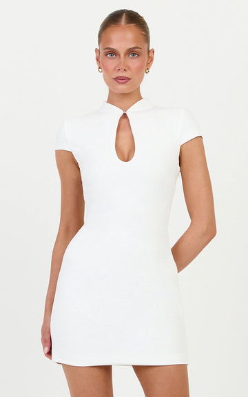 Briony Mini Dress - High Neck Front Key Hole Fitted Dress in White