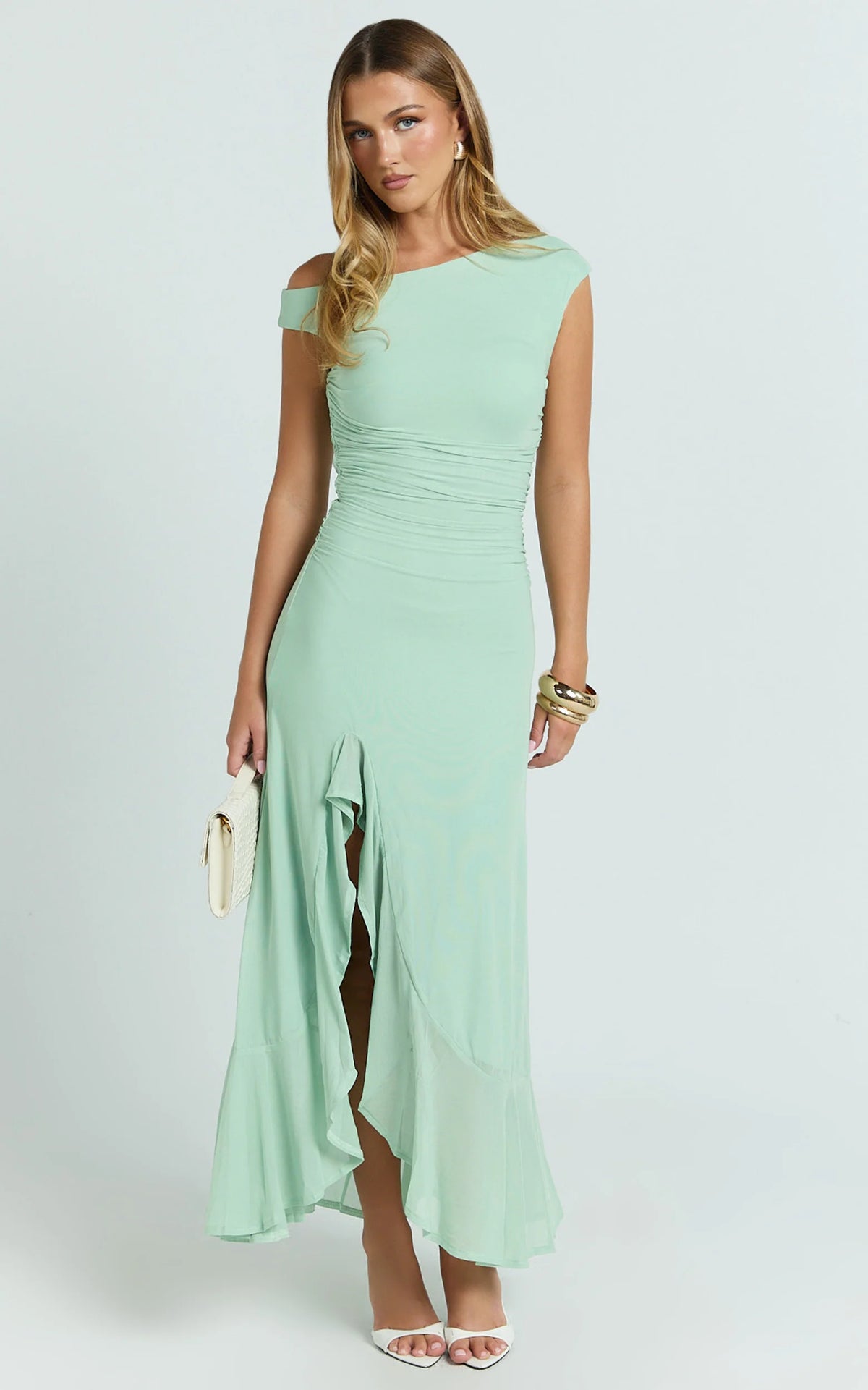 Judee Midi Dress - One Shoulder High Side Split Dress in Sage