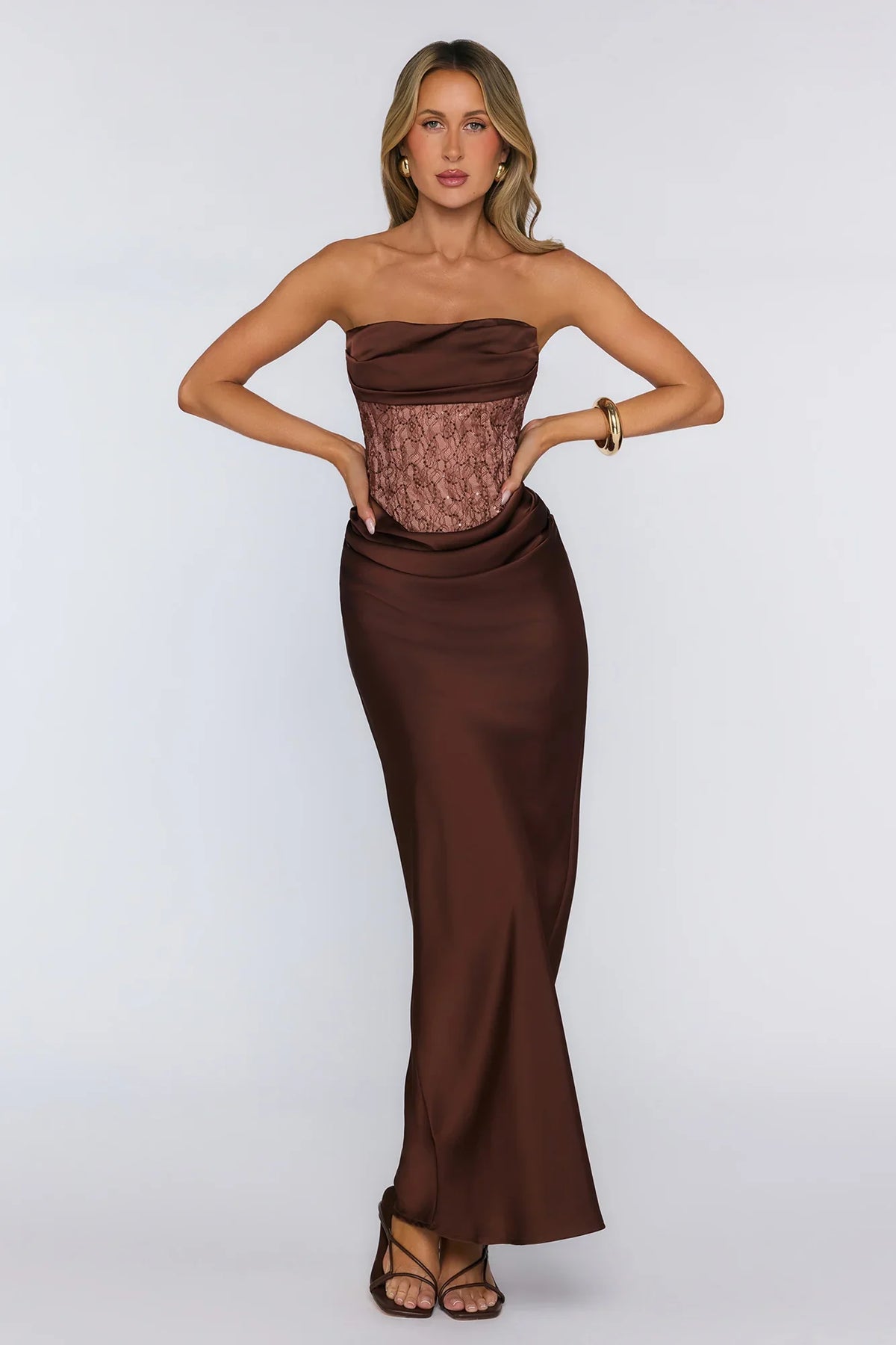 Wave Of Love Strapless Lace Satin Maxi Dress Chocolate