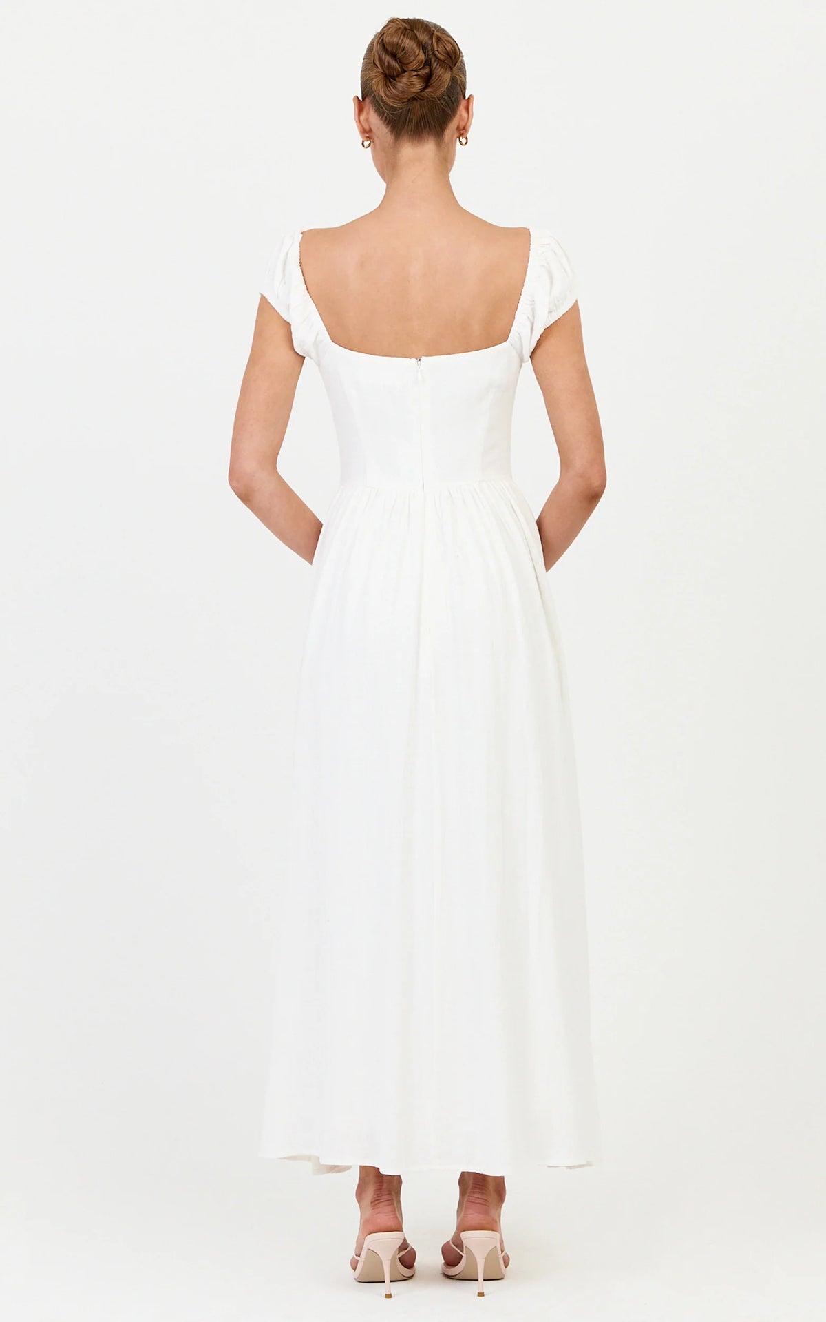 Astrid Midi Dress - Sweetheart Neckline Capped Sleeve Dress in Off White