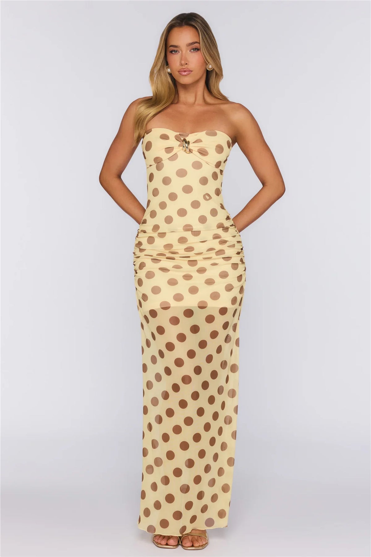 Love After Dark Mesh Polka Dot Strapless Maxi Dress Yellow