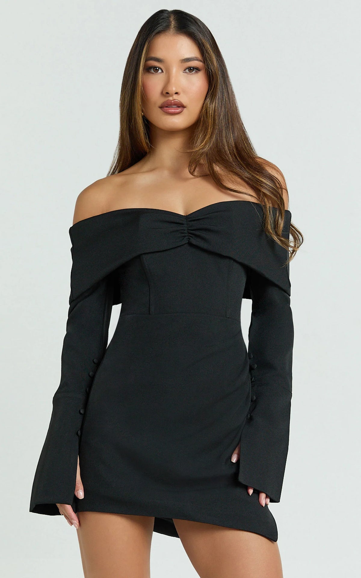 Cyrus Mini Dress - Off Shoulder Long Sleeve Fit And Flare Dress in Black