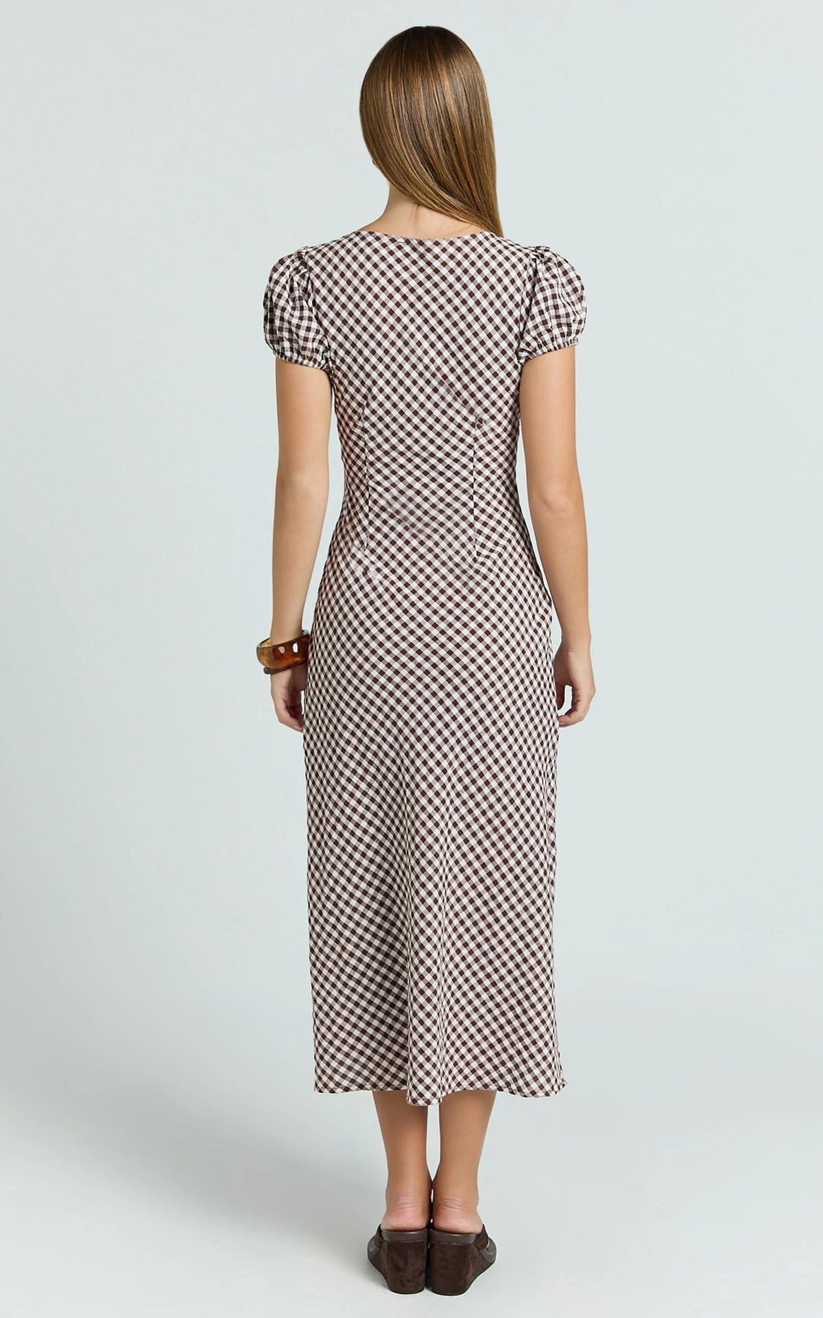 Bernice Midi Dress - Gingham Scoop Neck A Line Dress in Chocolate Gingham