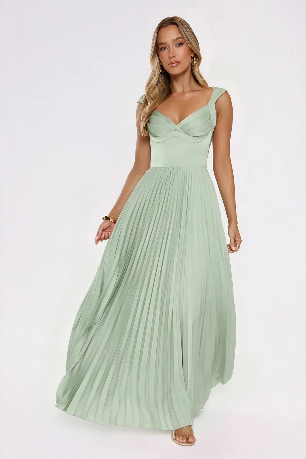 Satin Glow Pleated Maxi Dress Green