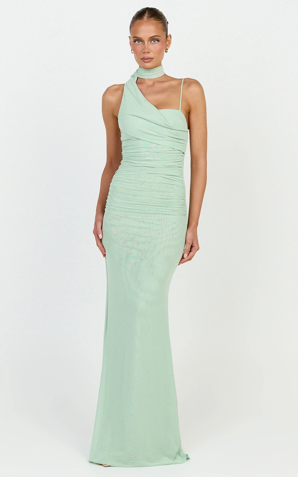 Larson Maxi Dress - Asymmetric Tie Neck Column Dress in Sage